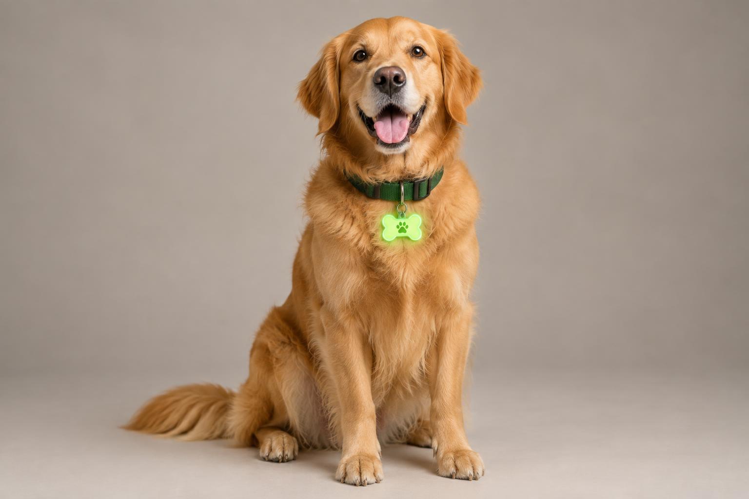 Cão feliz com a medalha GlowDog na coleira